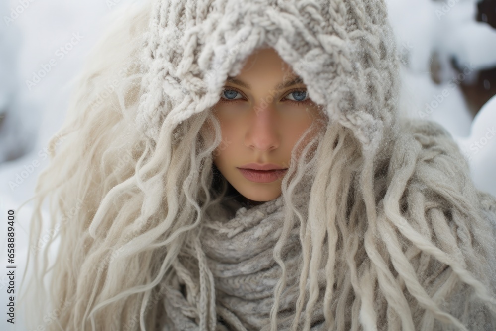 a woman wearing a knitted scarf and a scarf a woman wearing a knitted scarf and a scarf