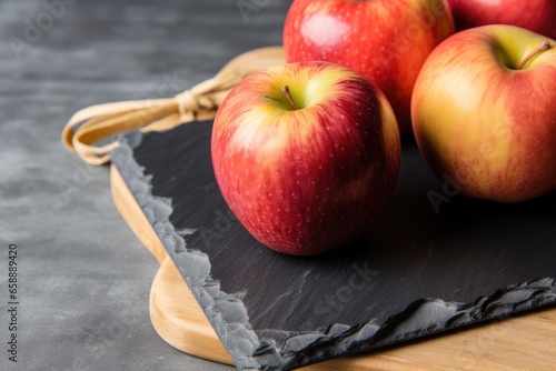 a group of apples on a black board photo