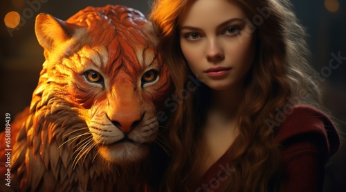 a woman with long hair next to a tiger