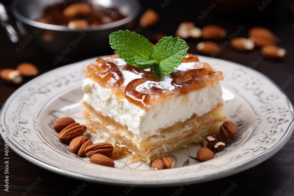 a plate of dessert with nuts and a piece of cake