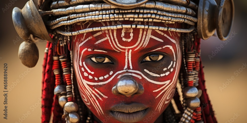 a woman with red face paint and silver beads a woman with red face paint and silver beads