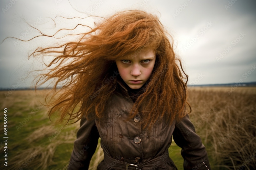 a girl with red hair in a field a girl with red hair in a field