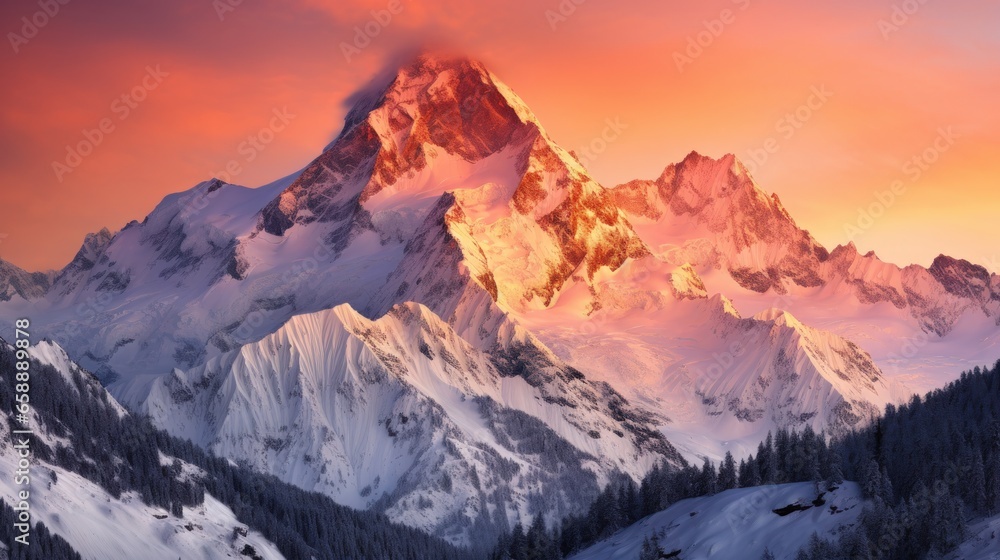 a snowy mountain with trees and a sunset