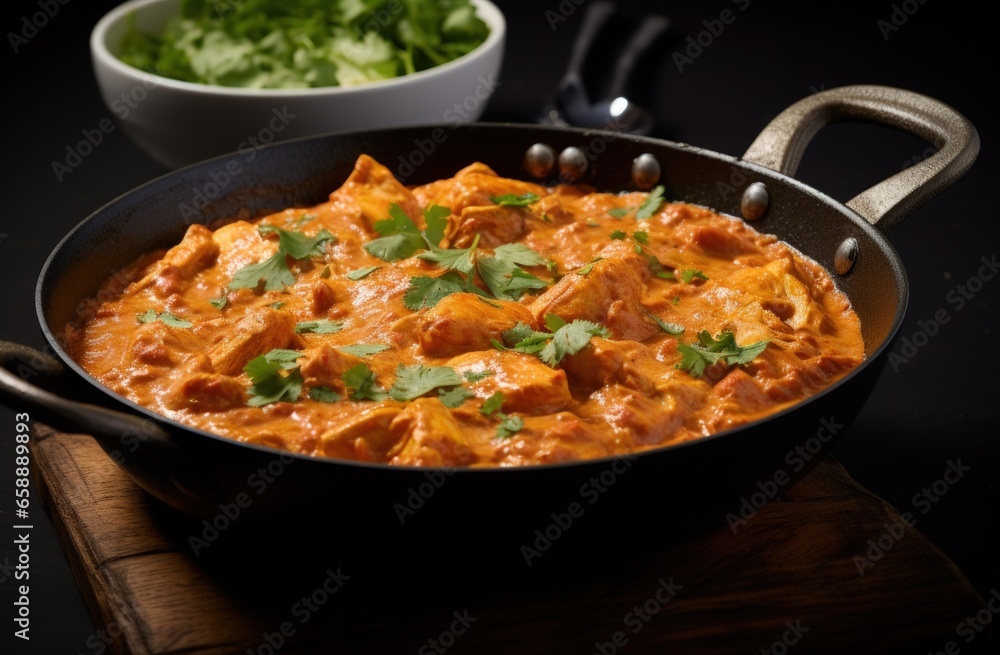 a pan of food with a bowl of greens a pan of food with a bowl of greens