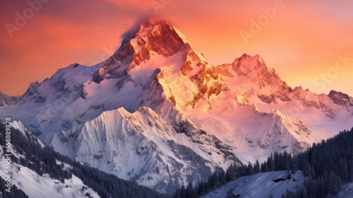 a snowy mountain with trees and a sunset © sam