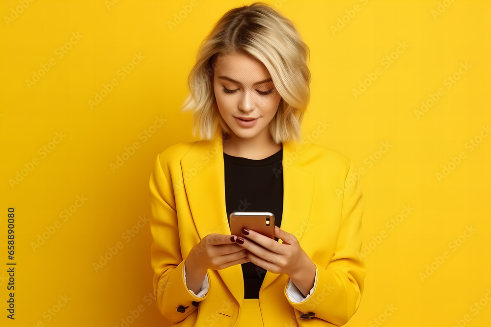 Special offer. Optimistic blonde woman starring at her phone, free copy space smiles broadly holds mobile phone wears jacket isolated over yellow background. Copy place for banner ad Special offer. Optimistic blonde woman starring at her phone, free copy space smiles broadly holds mobile phone wears jacket isolated over yellow background. Copy place for banner ad