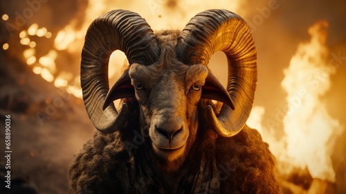 a ram with horns in front of a fire