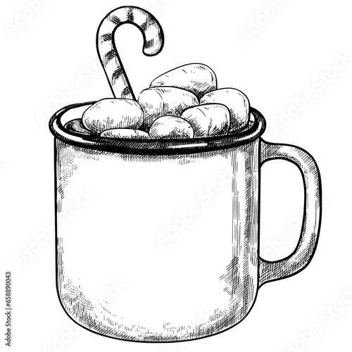 Winter season hot cocoa cup with marshmallow vector sketch illustration