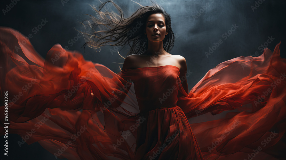Woman in red silk gawn dress dancing alone,  exuding elegance and sensuality, copy space, Valentine day concept, Independent Women day, 8 March 