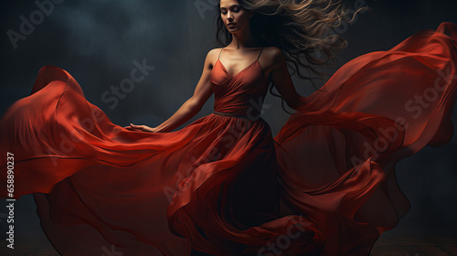 Woman in red silk gawn dress dancing alone, exuding elegance and sensuality, copy space, Valentine day concept, Independent Women day, 8 March