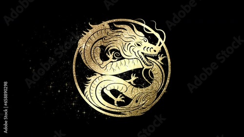 Chinese zodiac year of the Dragon astrological sign loop glittering gold particles symbolized fortune and prosperity. Icon with alpha channel ready for overlay. Asian and traditional culture concept photo