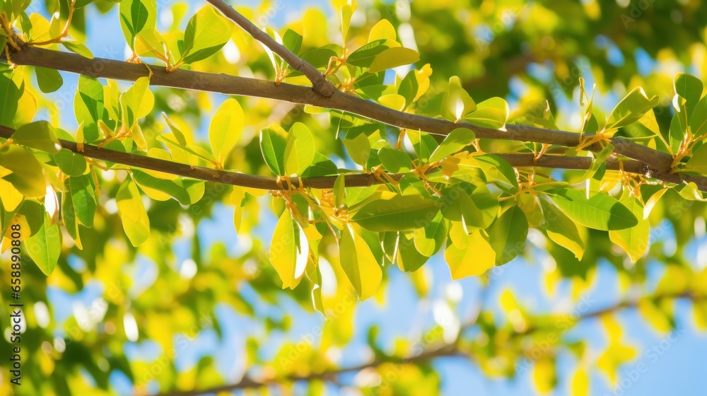 close up of a tree branch with green leaves