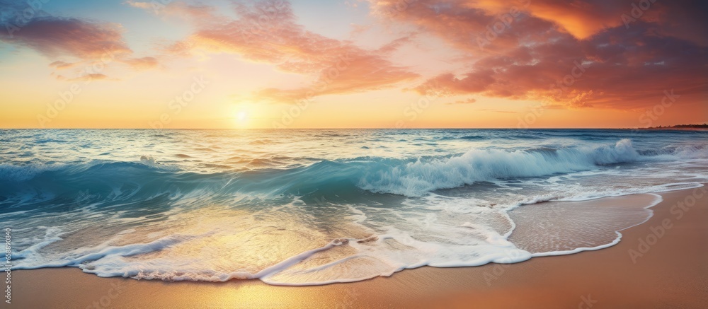 Gorgeous sunset over serene beach breathtaking summer landscape With copyspace for text - obrazy, fototapety, plakaty 