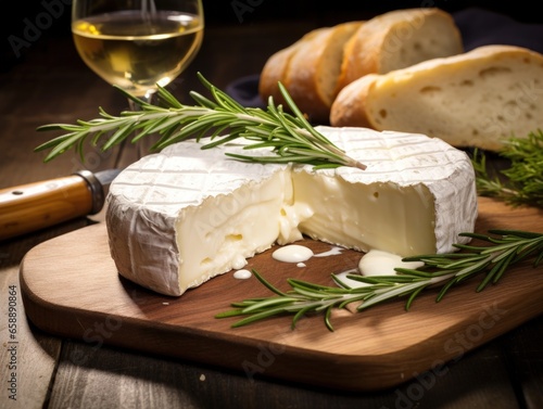 a cheese on a cutting board photo