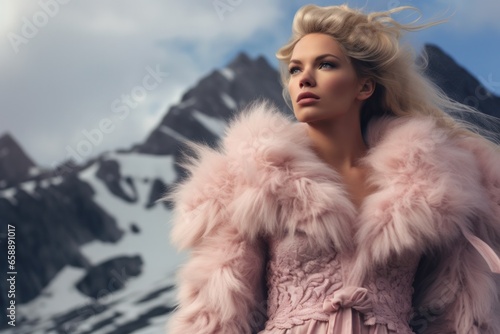 a woman in a pink fur coat
