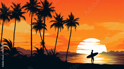 Silhouette of a surfer on a palm tree