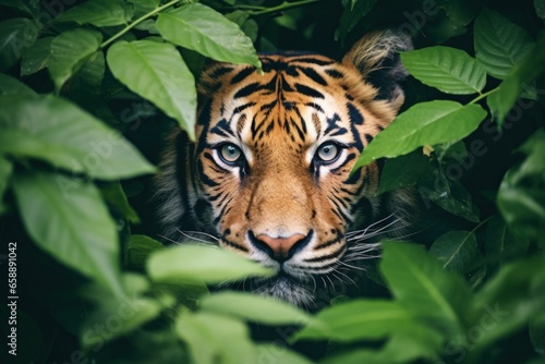 a tiger peeking through leaves © sam