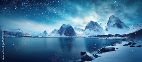 Arctic night in Norway with starry sky icy landscape and Milky Way With copyspace for text