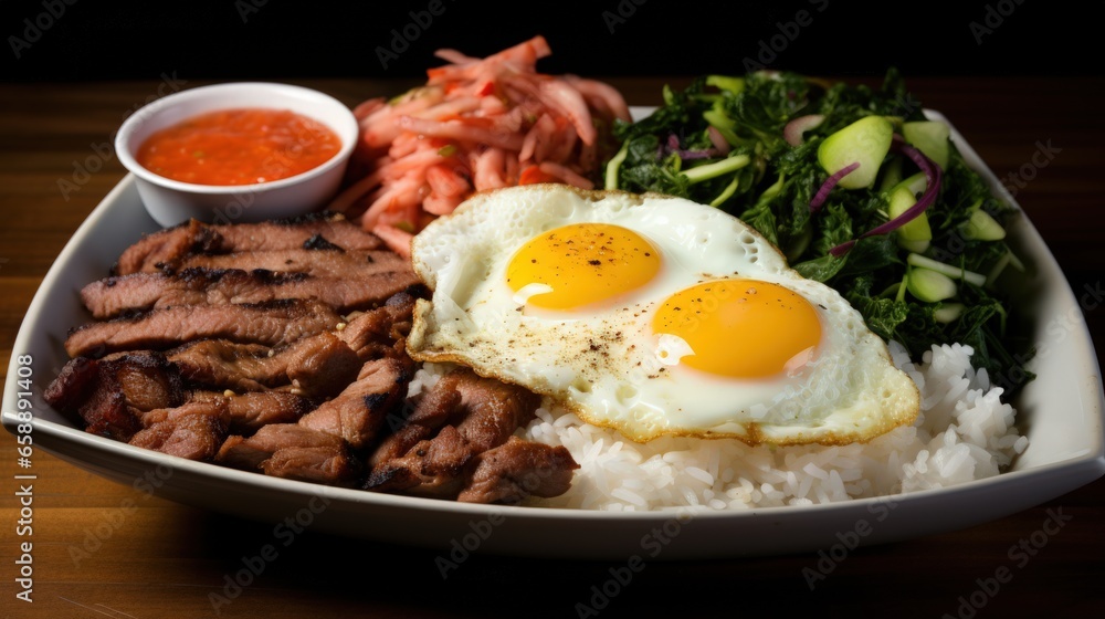 a plate of food with two eggs and rice a plate of food with two eggs and rice