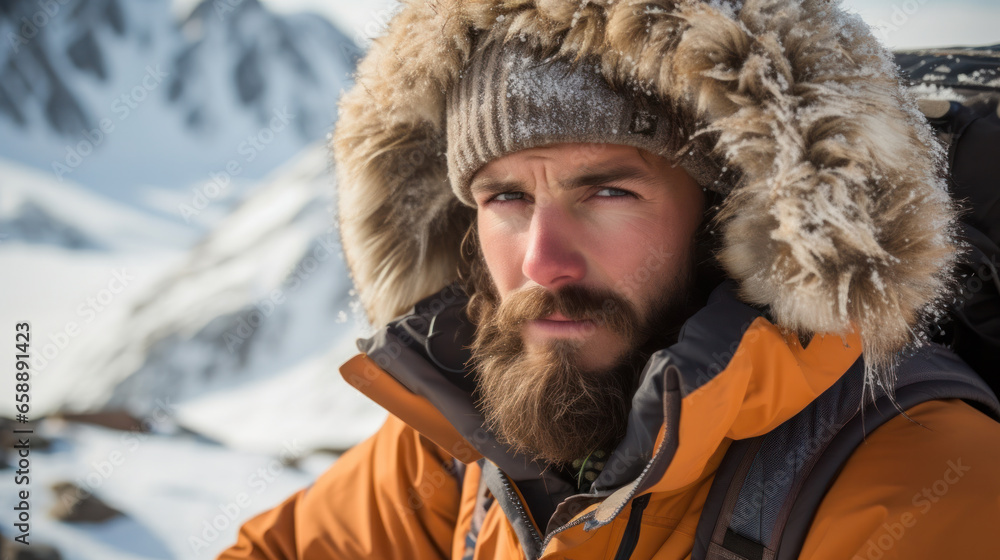Handsome brutal man wearing a parka and sunglasses. Fashion for men. Autumn, winter. Handsome brutal man wearing a parka and sunglasses. Fashion for men. Autumn, winter.