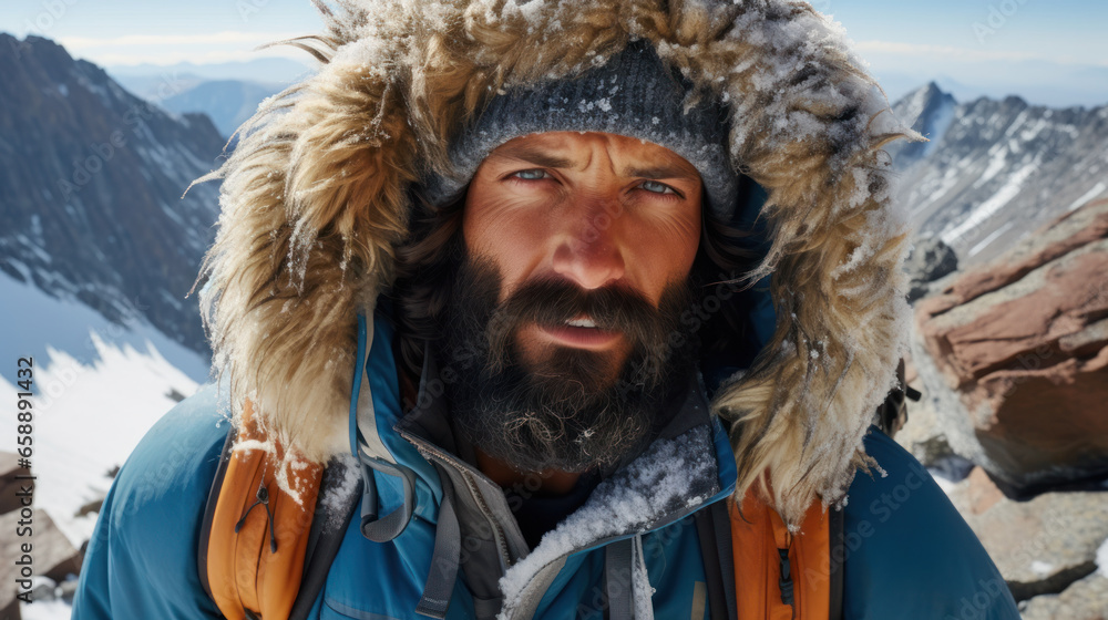 Fototapeta premium Handsome brutal man wearing a parka and sunglasses. Fashion for men. Autumn, winter.