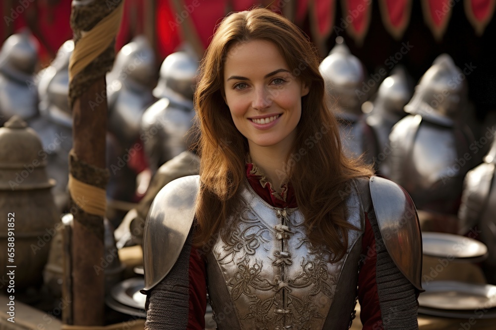 a woman in armor smiling a woman in armor smiling
