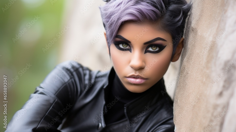 a woman with purple hair and black makeup