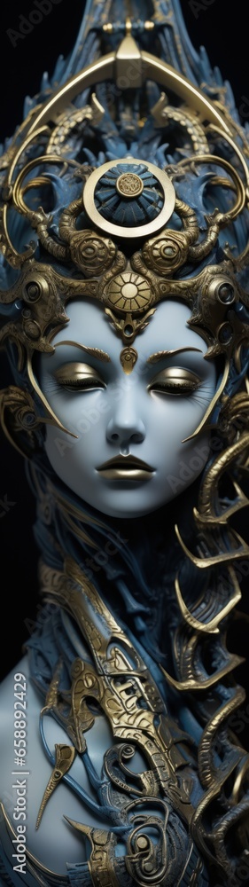 a statue of a woman with gold and silver decorations a statue of a woman with gold and silver decorations