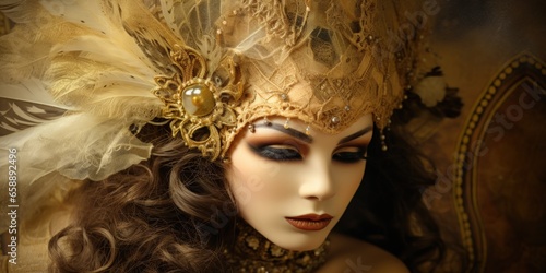 a woman wearing a gold and gold headdress