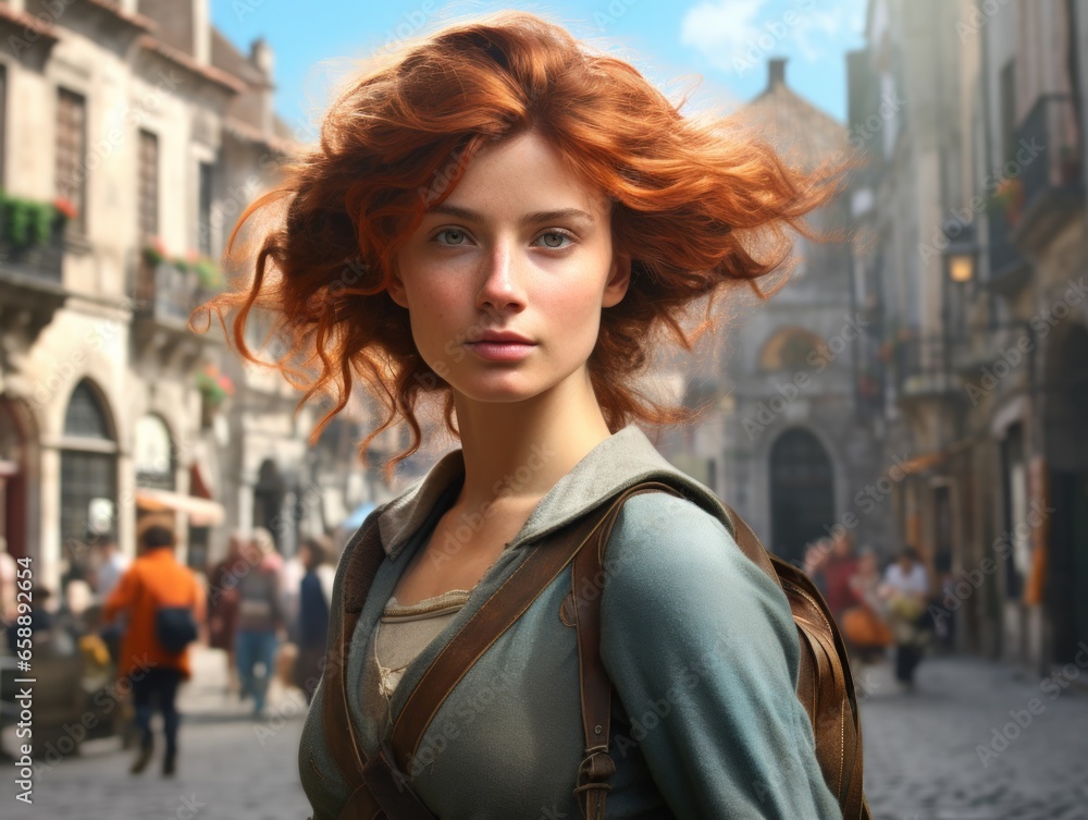 Fototapeta premium a woman with red hair and backpack