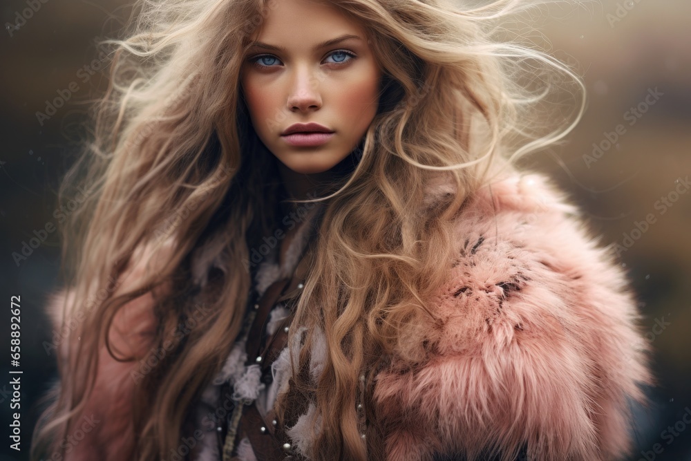 a woman with long hair wearing a pink fur coat - obrazy, fototapety, plakaty 