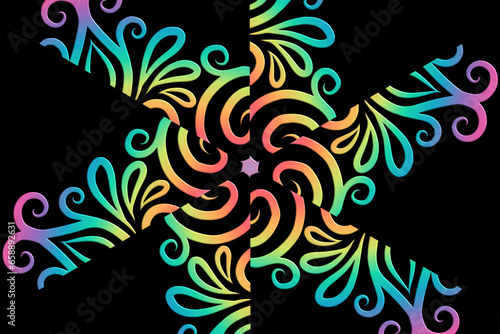 Beautiful colourful caleidoscope gradient batik ethnic dayak flowers line art pattern 