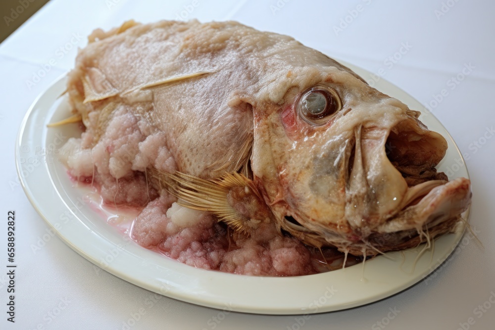 a fish head on a plate