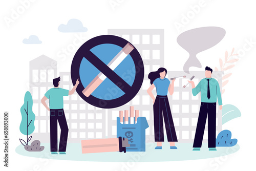 Stop smoking and unhealthy habit. Group of unhealthy people smoking cigarettes. Young adult give up smoker lifestyle, social and mental problems. anti-smoking campaign