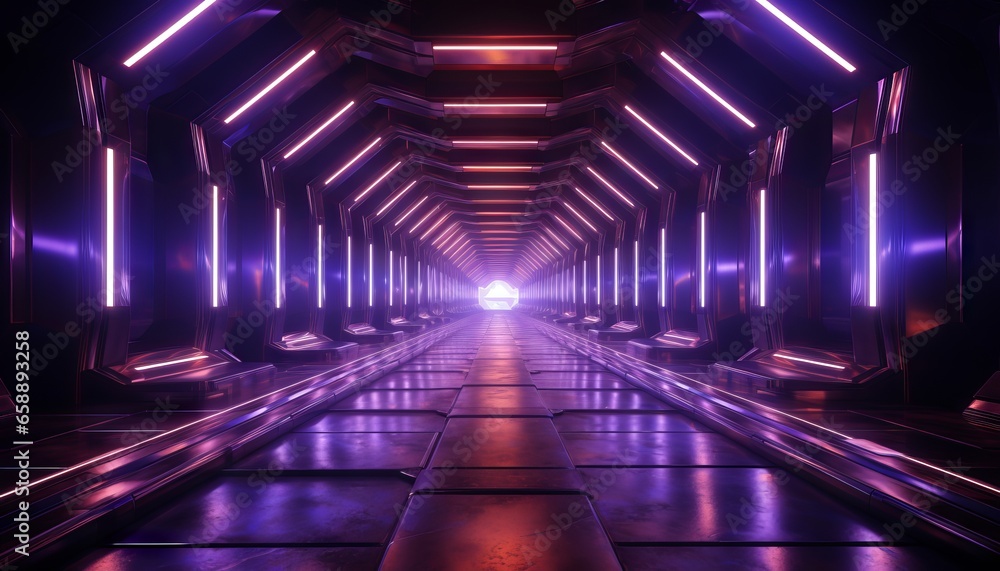 Ultraviolet neon light tunnel with hexagon frames and a hexagonal portal at the end Ultraviolet neon light tunnel with hexagon frames and a hexagonal portal at the end
