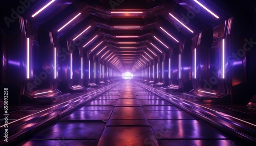 Ultraviolet neon light tunnel with hexagon frames and a hexagonal portal at the end