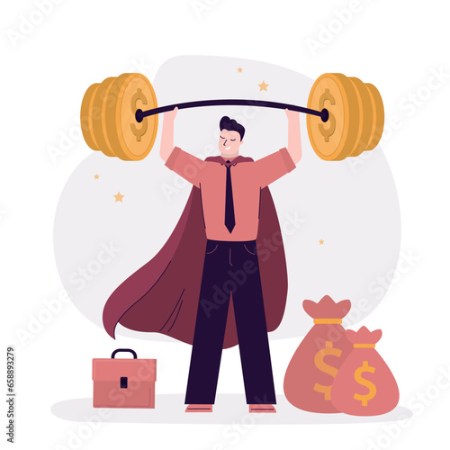 Hero businessman lifts heavy money barbell. Leadership and motivation. Hard working entrepreneur or employee. Business strengths concept. Self confident male character.