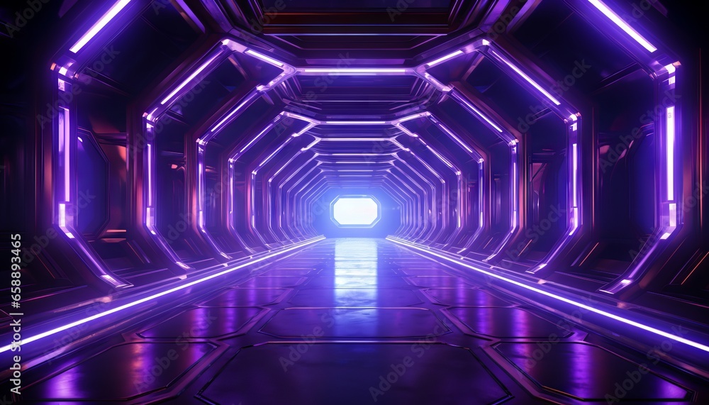 Ultraviolet neon light tunnel with hexagon frames and a hexagonal portal at the end
