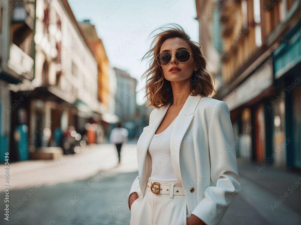 A woman dressed in white suit and pant in the street.