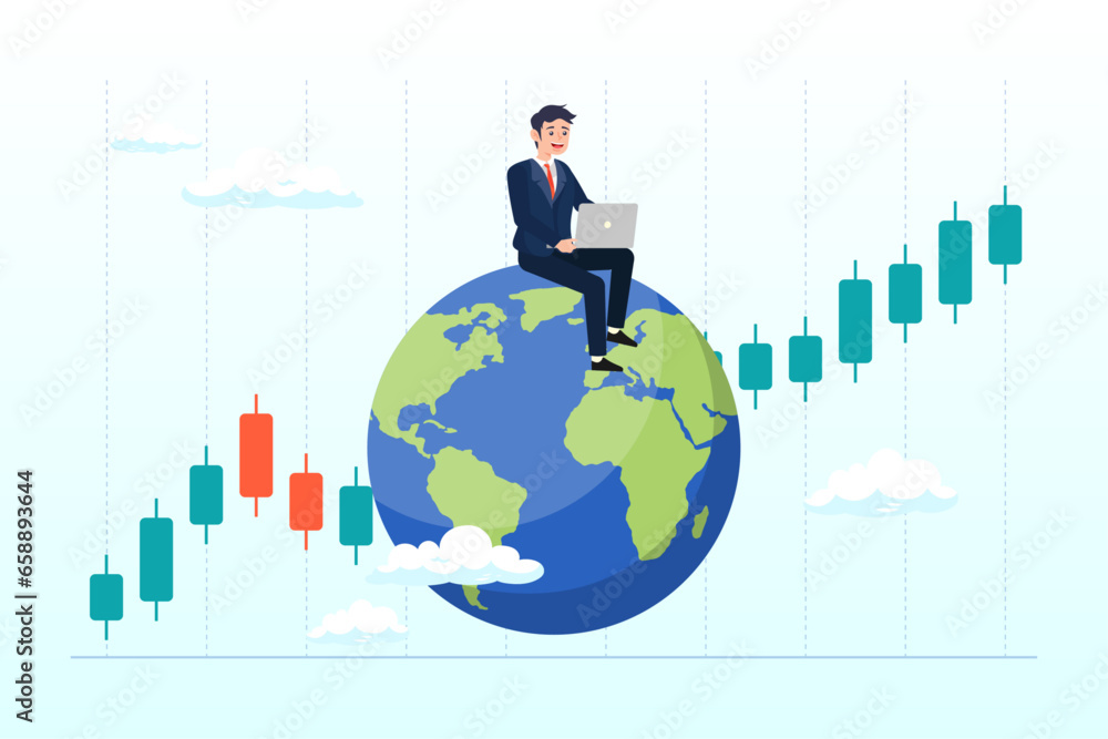 Smart businessman investor trading on laptop on the globe with financial graph, global stock market, world or international investment, financial analysis or earning growth, stock trading (Vector) Smart businessman investor trading on laptop on the globe with financial graph, global stock market, world or international investment, financial analysis or earning growth, stock trading (Vector)