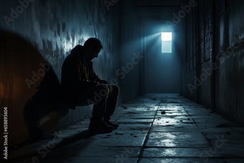 Depressed man sits in a dark corridor, allowing his sadness to overflow generative ai