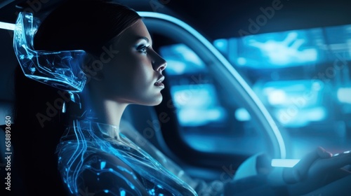 Abstract female robot rides in a self-driving car controlled by an artificial intelligence autopilot. Future technologies, internet of things and smart devices concept. © Acronym