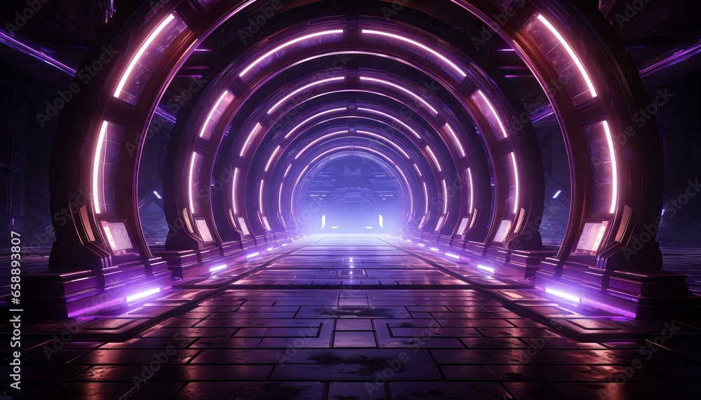 Ultraviolet neon light tunnel with hexagon frames and a hexagonal portal at the end Ultraviolet neon light tunnel with hexagon frames and a hexagonal portal at the end