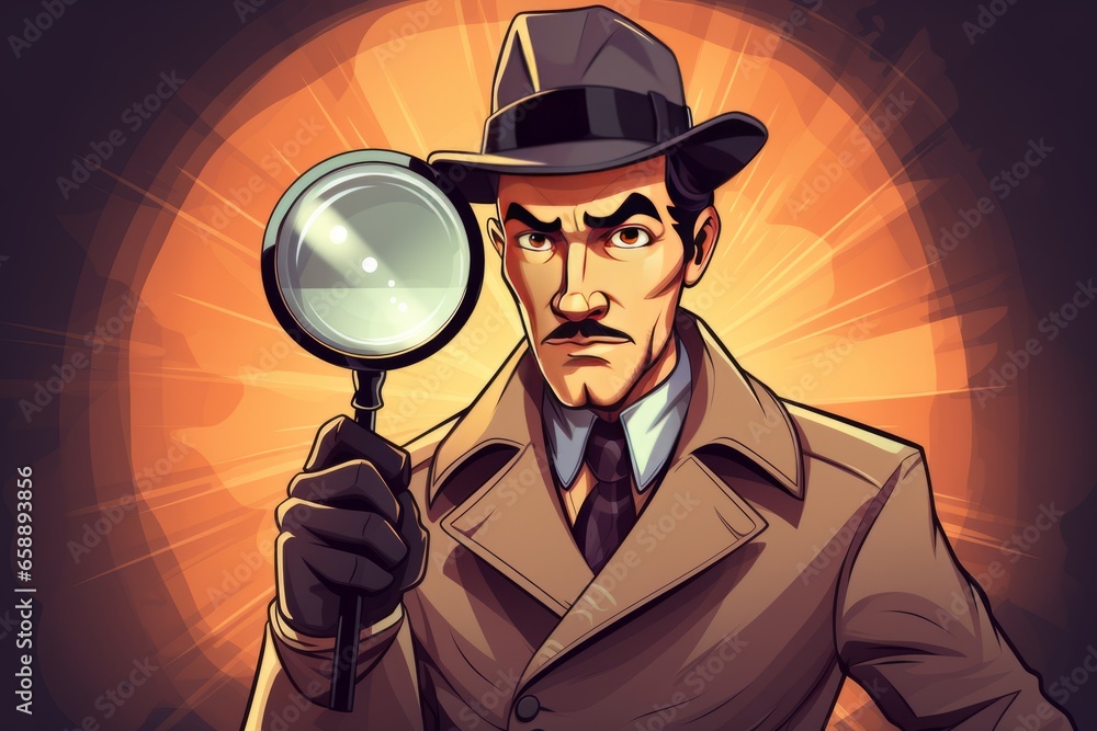 The determined face of a detective holding a magnifying glass, looking at the camera generative ai - obrazy, fototapety, plakaty 