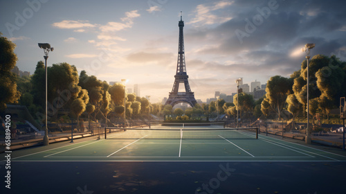 The tennis court in front of the Eiffel Tower