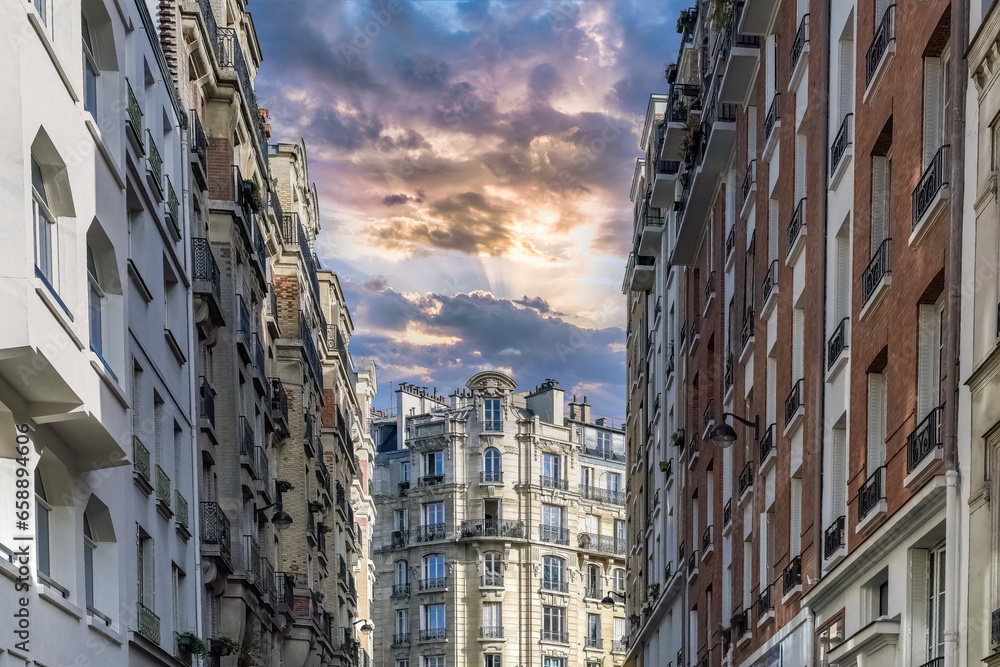Paris, houses and street, typical buildings in Montmartre
