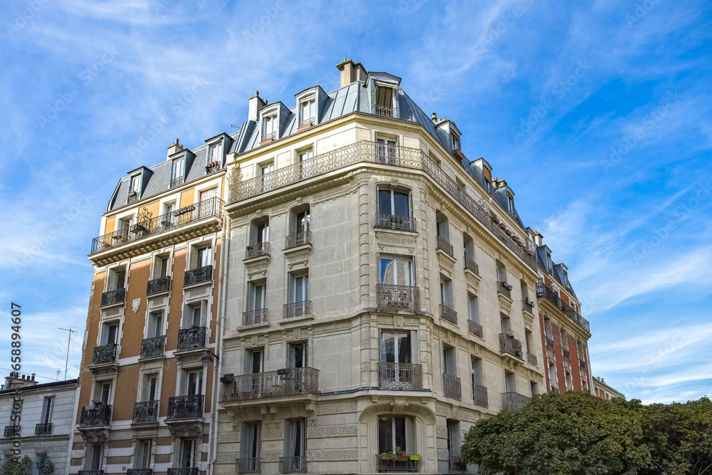 Paris, houses and street, typical buildings in Montmartre
