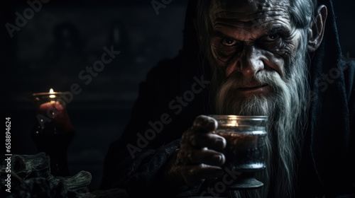 Evil wizard or alchemist making the witchcraft in a dark and scary dungeon. Halloween image. photo