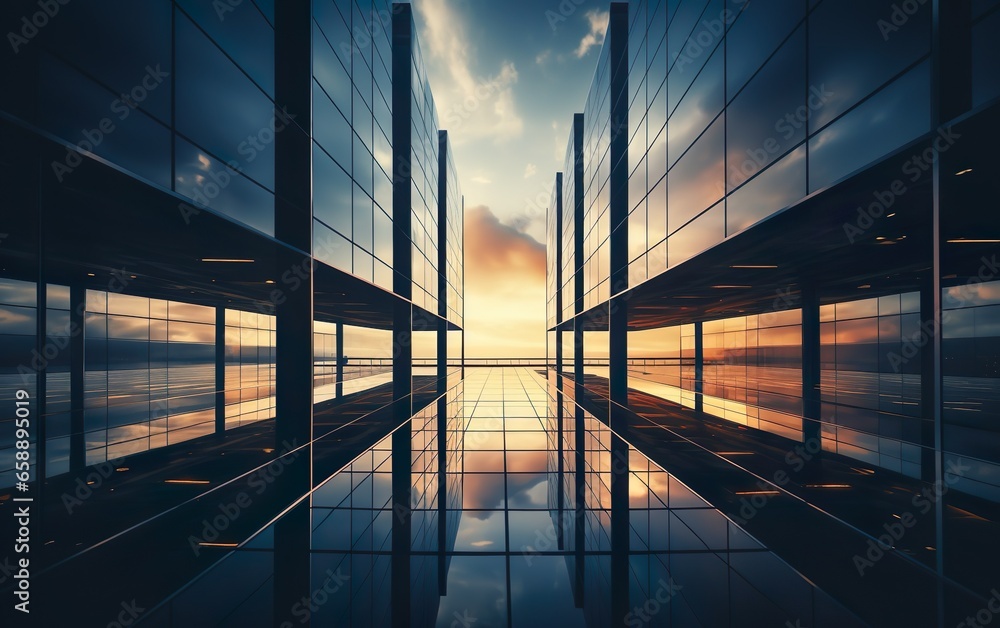Perspective view of high-ris building and glass steel windows with reflection of sun and clouds. Futuristic architecture. Development, construction, technology, investment, financial business concept. Perspective view of high-ris building and glass steel windows with reflection of sun and clouds. Futuristic architecture. Development, construction, technology, investment, financial business concept.