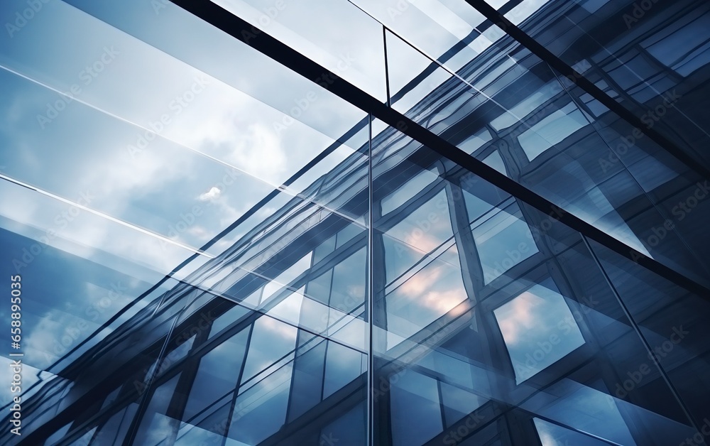 Obraz premium Close-up glass and steel facade. Modern architecture exterior with reflection of sun and clouds. Development, construction, technology, investment, financial business concept.